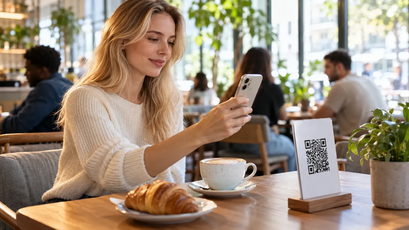Cafe guest scanning a QR code menu to order