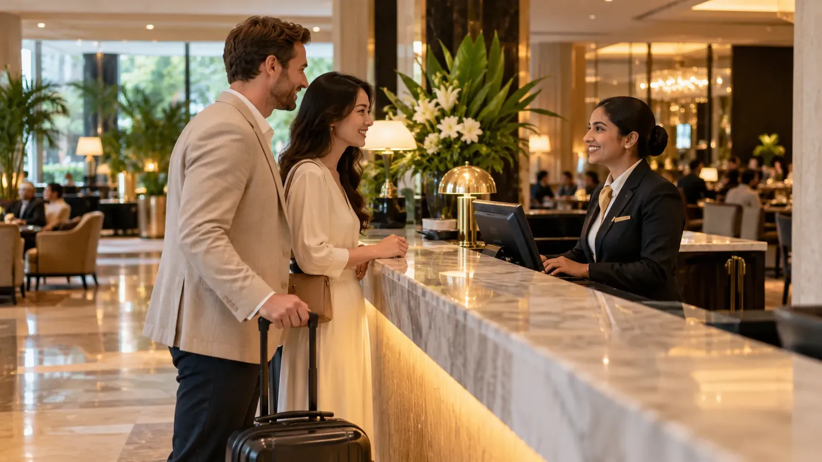 International guests checking in at a hotel front desk