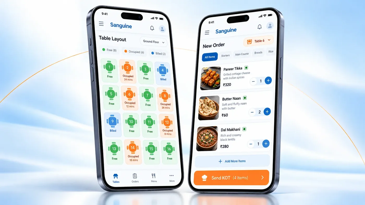 Sanguine Mobile POS app with table layout and Send KOT order screen