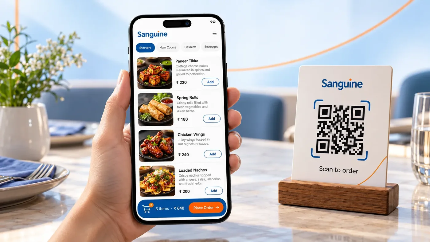 Guest ordering from the Sanguine QR menu with a Scan to order table stand